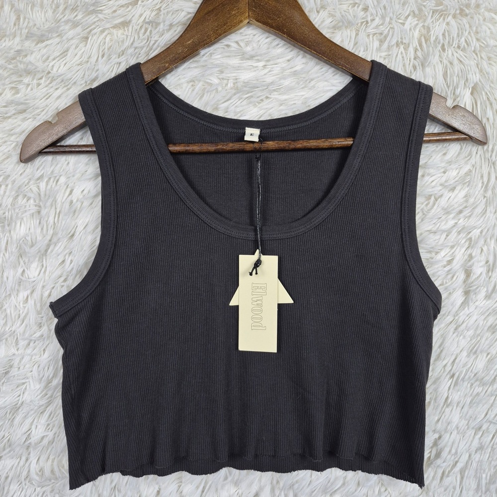 Elwood Malibu Ribbed Crop Tank Top Charcoal Black Organic Cotton Medium NWT